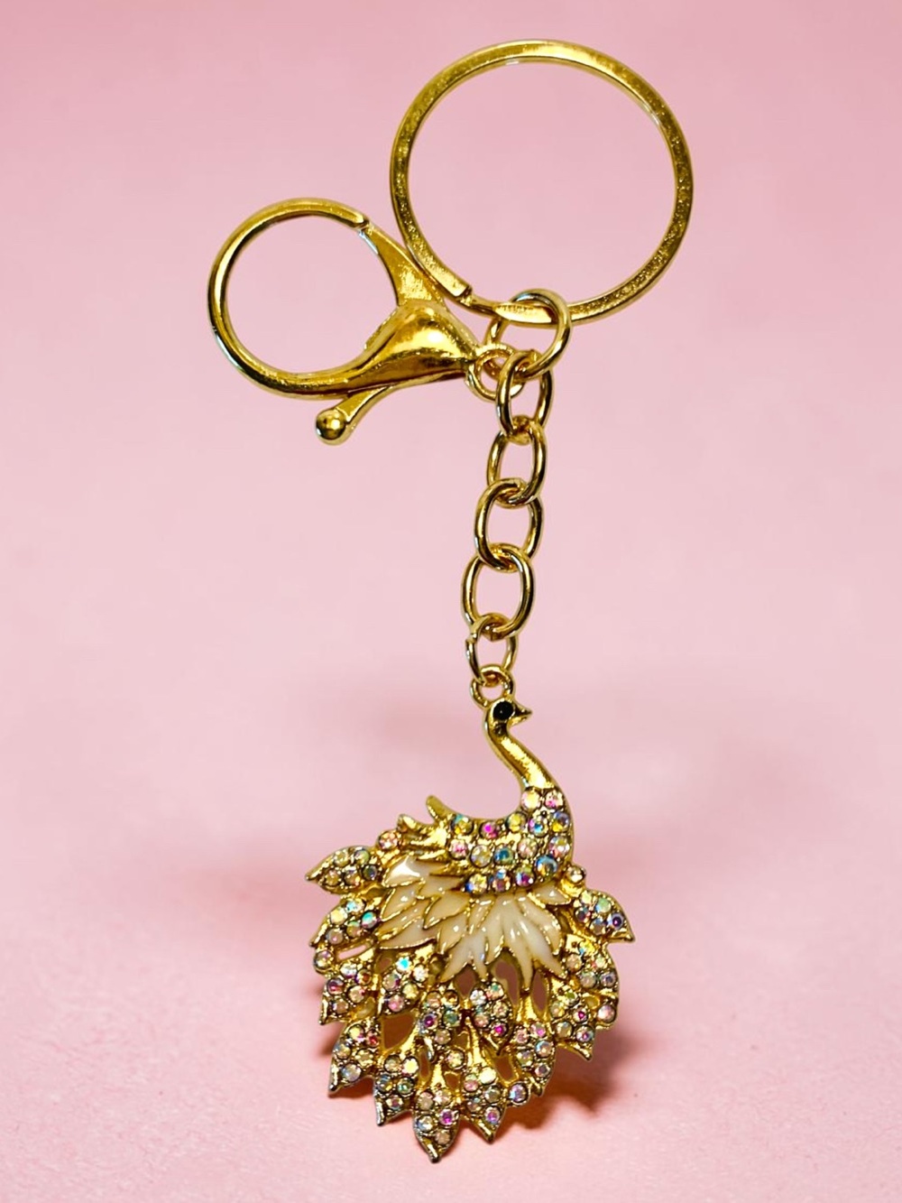 Mint Gold-tone Peacock Keychain with Iridescent Crystals. NWT